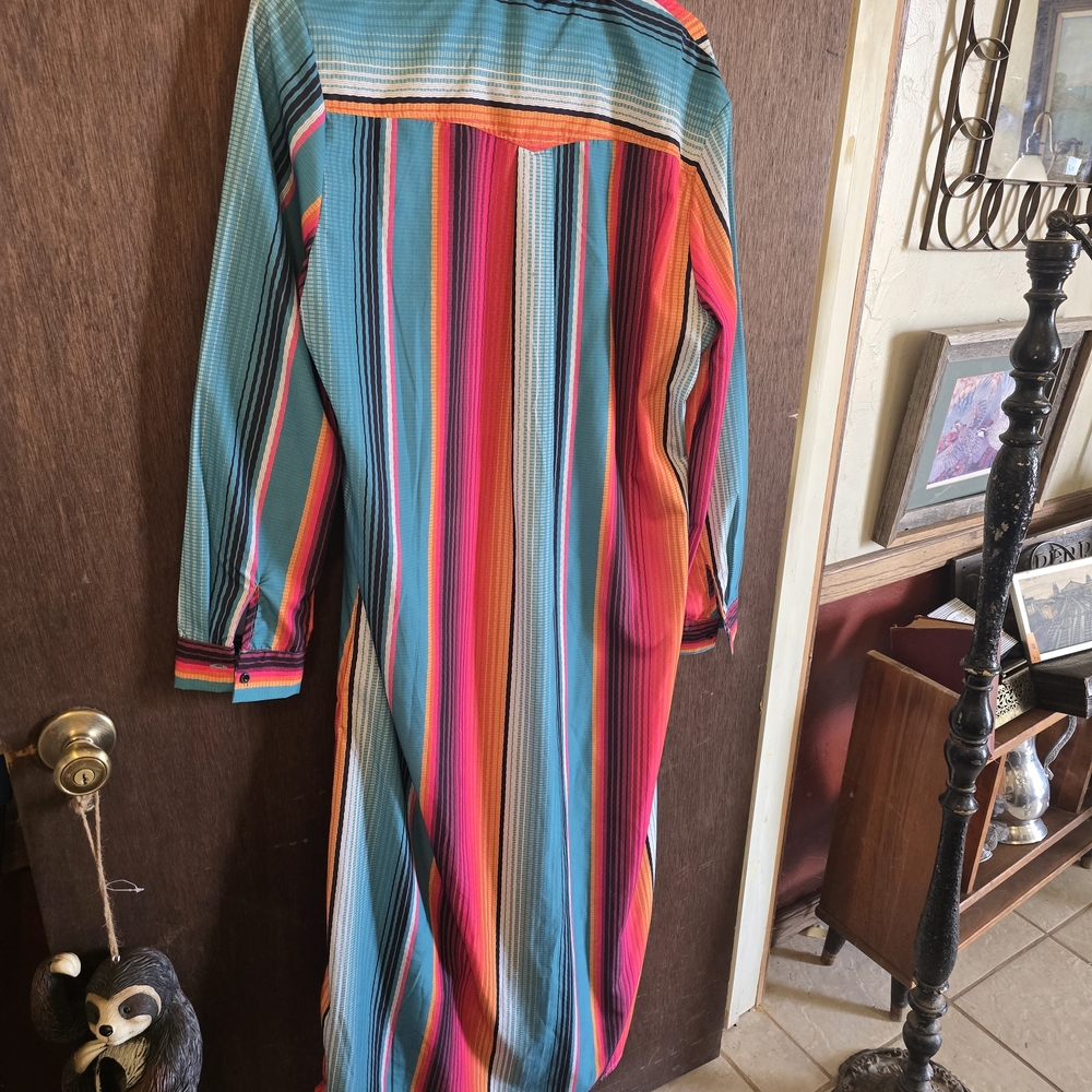 Crazy Train Multistripe Button-Front Long Shirt Dress - Teal, Pink, Orange - Picture 3 of 3